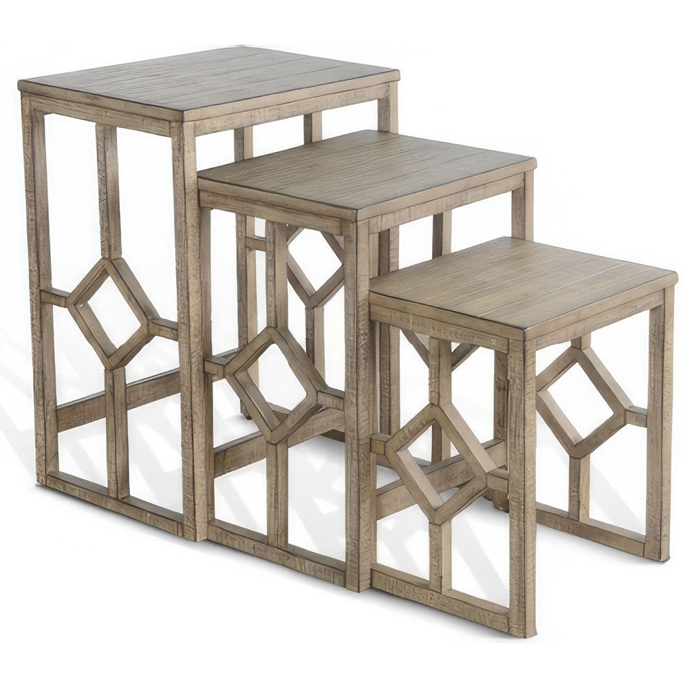 Rena 3 Piece Nesting Accent Table Set | Geometric Frame | Distressed Pebble Brown Solid Mahogany Wood
