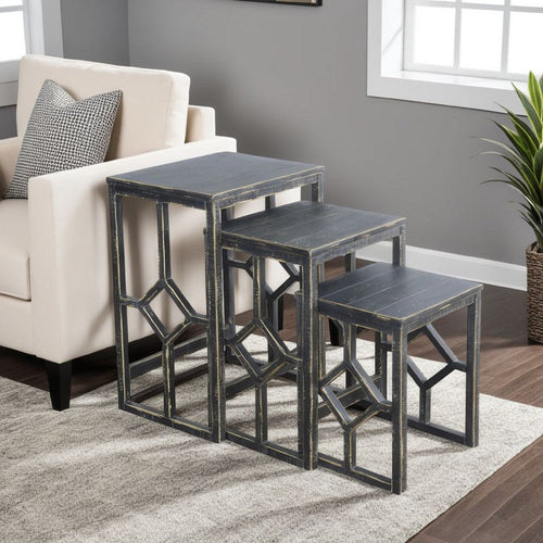 Rena 3 Piece Nesting Accent Table Set, Slatted, Rustic Black Mahogany