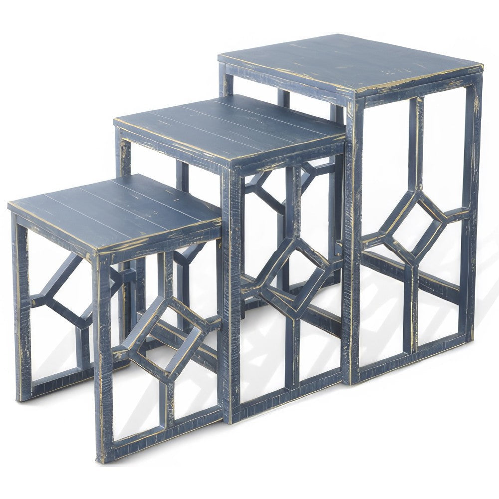 Rena 3 Piece Nesting Accent Table Set Slatted Rustic Blue Mahogany