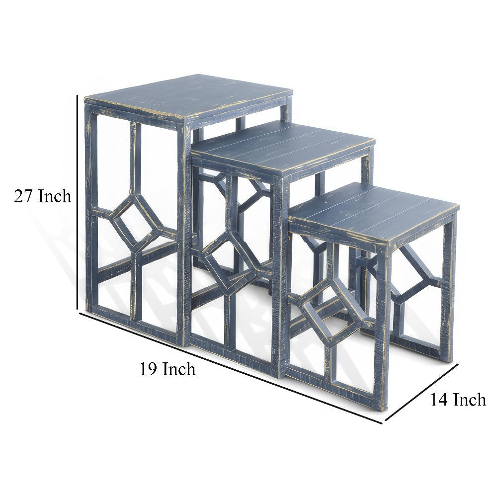 Rena 3 Piece Nesting Accent Table Set Slatted Rustic Blue Mahogany