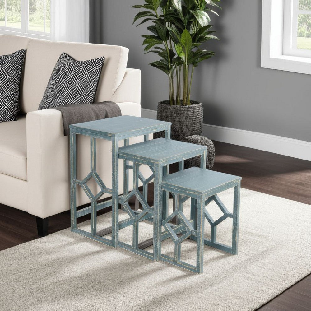 Rena 3 Piece Nesting Accent Table Set, Slatted, Rustic Green Mahogany