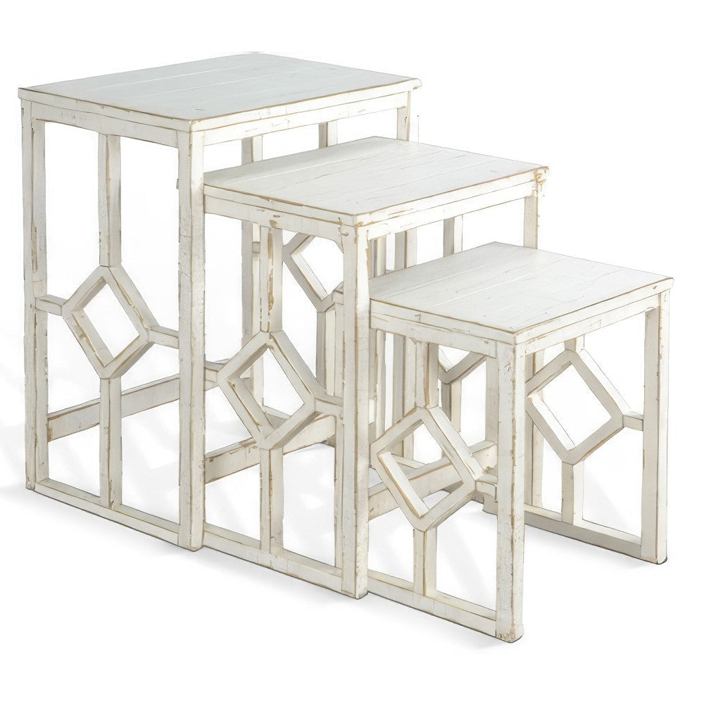Rena 3 Piece Nesting Accent Table Set, Slatted, Rustic White Mahogany