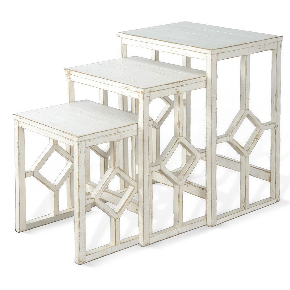 Rena 3 Piece Nesting Accent Table Set Slatted Rustic White Mahogany
