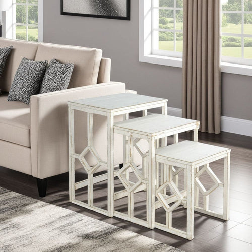 Rena 3 Piece Nesting Accent Table Set, Slatted, Rustic White Mahogany