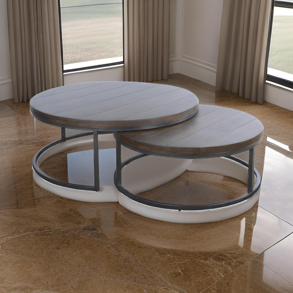 Rena 2 Piece Nesting Coffee Tables, Dark Brown Mahogany, Black Metal