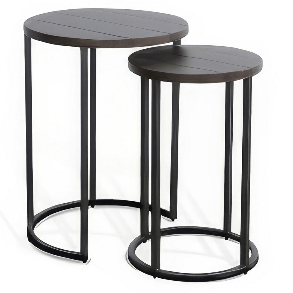 Flint 2 Piece Nesting Table Set Dark Brown Mahogany Black Metal Base BM325339