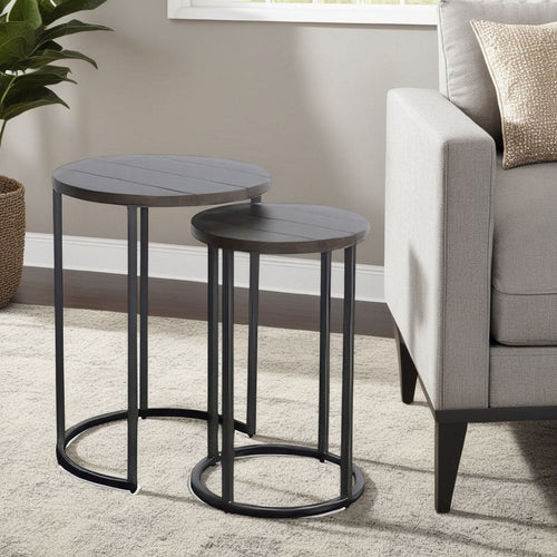 Flint 2 Piece Nesting Table Set, Dark Brown Mahogany, Black Metal Base