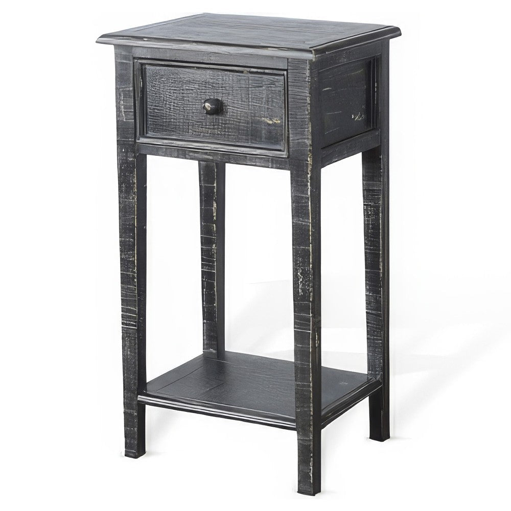 Rena Side End Table with 1 Drawer 17’’ Rustic Black Mahogany Wood BM325341