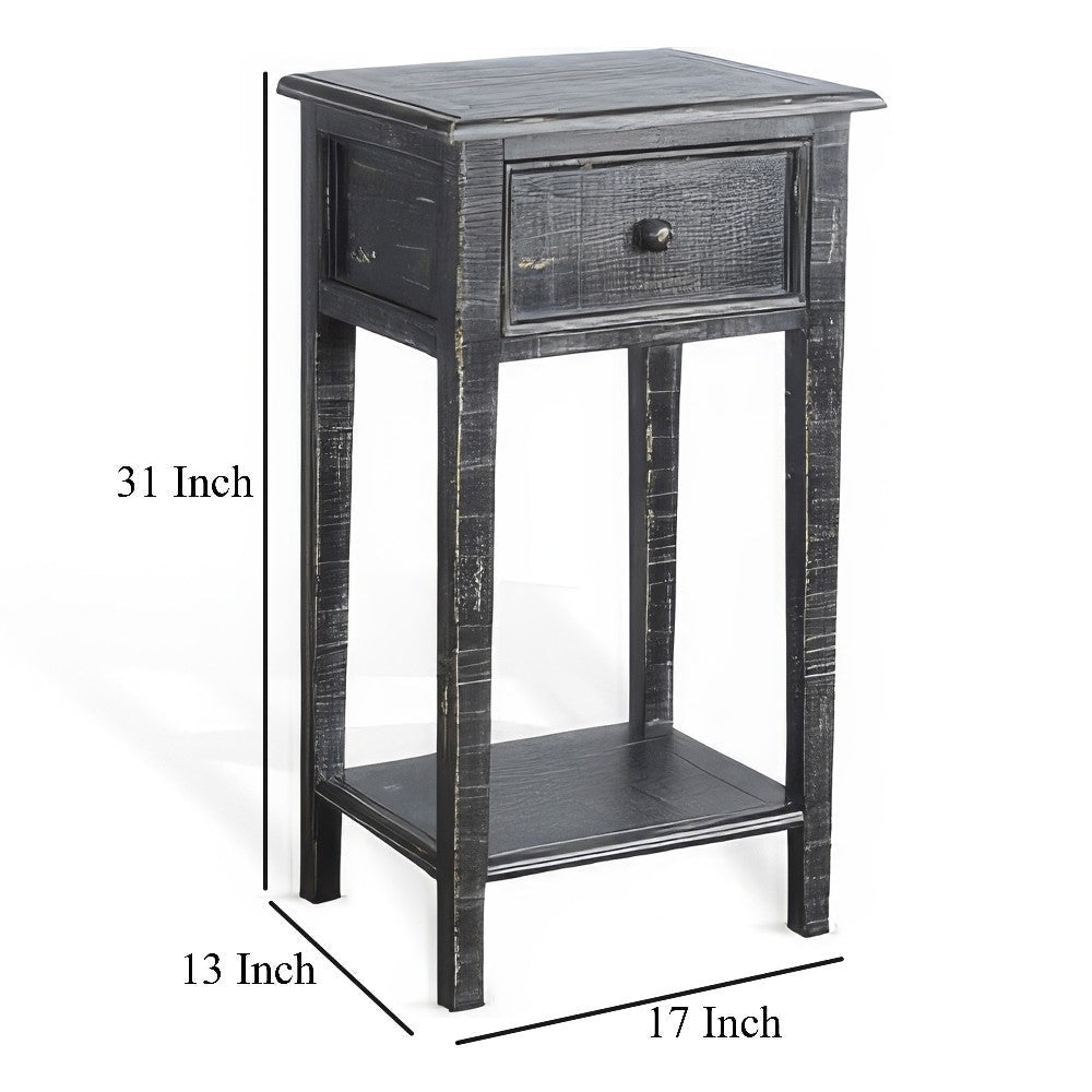 Rena Side End Table with 1 Drawer 17’’ Rustic Black Mahogany Wood BM325341