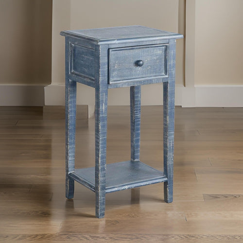 Rena Side End Table with 1 Drawer, 17" Rustic Blue Mahogany Wood