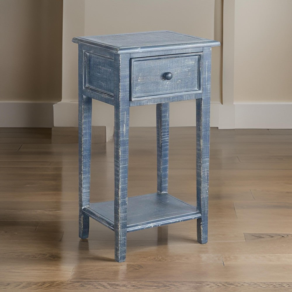 Rena Side End Table with 1 Drawer, 17" Rustic Blue Mahogany Wood