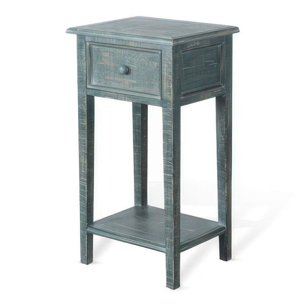Rena Side End Table with 1 Drawer 17’’ Rustic Green Mahogany Wood BM325343