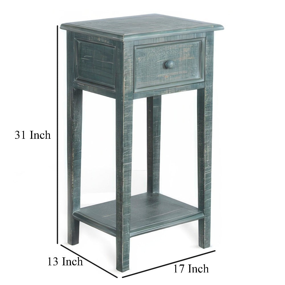 Rena Side End Table with 1 Drawer 17’’ Rustic Green Mahogany Wood BM325343