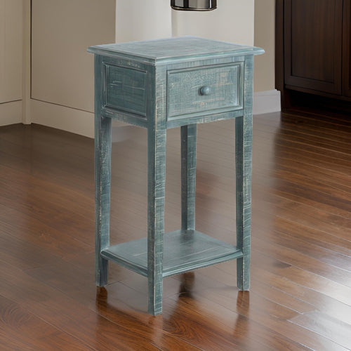 Rena Side End Table with 1 Drawer, 17" Rustic Green Mahogany Wood
