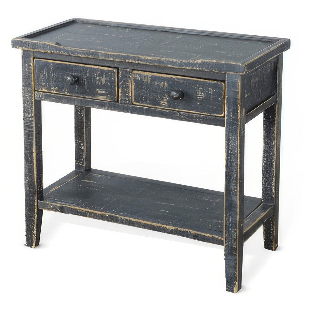 Rena Side End Table 2 Drawers 1 Shelf 28’’ Rustic Black Mahogany