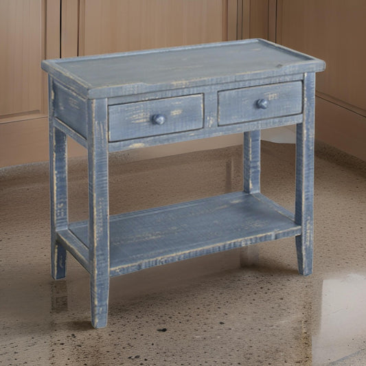Rena Side End Table, 2 Drawers 1 Shelf, 28" Rustic Blue Mahogany