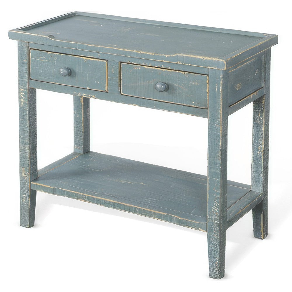 Rena Side End Table 2 Drawers 1 Shelf 28’’ Rustic Green Mahogany BM325348