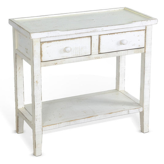 Rena Side End Table, 2 Drawers 1 Shelf, 28" Rustic White Mahogany
