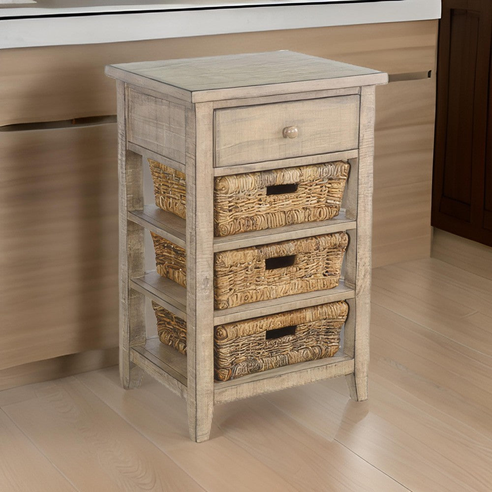 Rena End Table, 3 Natural Rattan Storage Baskets, 20" Brown Wood