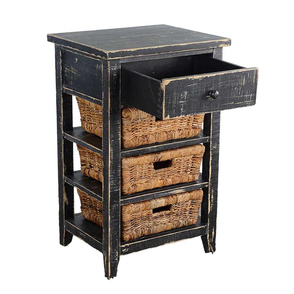 Rena End Table 3 Natural Rattan Storage Baskets 20’’ Black Wood