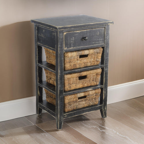 Rena End Table, 3 Natural Rattan Storage Baskets, 20" Black Wood