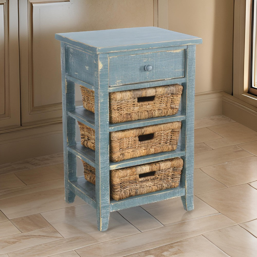Rena End Table, 3 Natural Rattan Storage Baskets, 20" Sea Green Wood