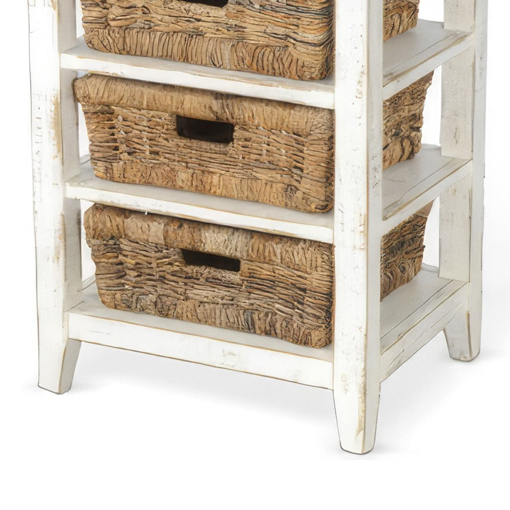 Rena End Table 3 Natural Rattan Storage Baskets 20’’ Sand White Wood BM325354