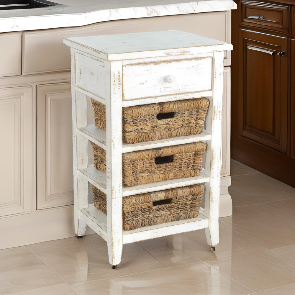 Rena End Table, 3 Natural Rattan Storage Baskets, 20" Sand White Wood