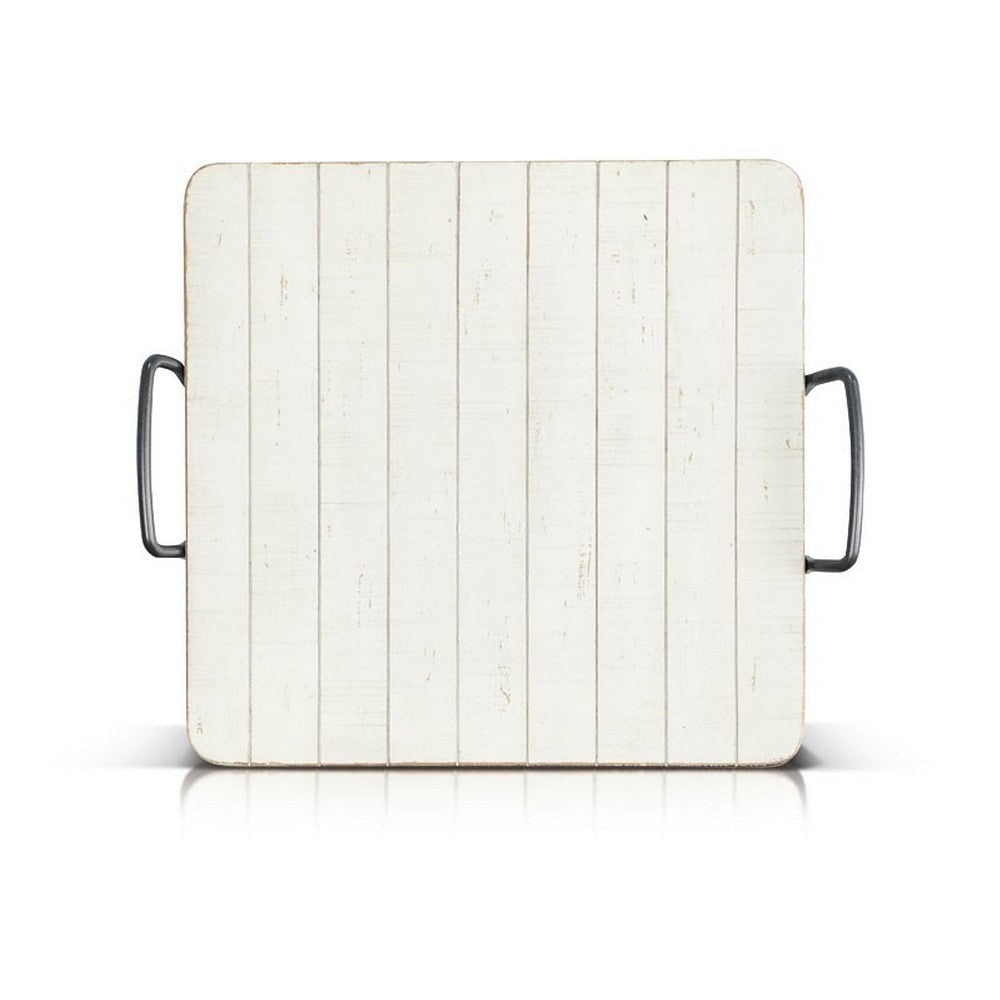 Rena Ottoman Tray Metal Handles 17’’ Distressed White Mahogany Wood