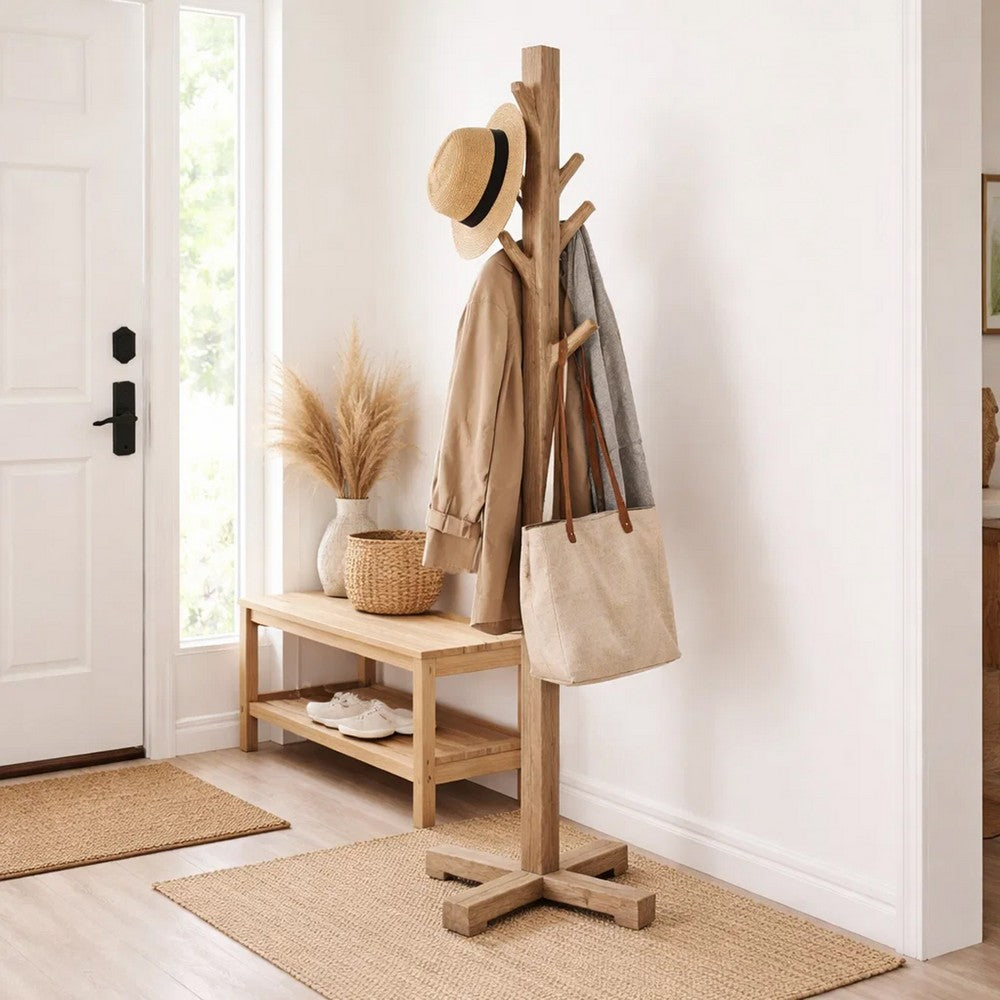 Rena Coat, Hat Rack Stand, 8 Wood Stems, 72" Light Brown Mahogany Wood
