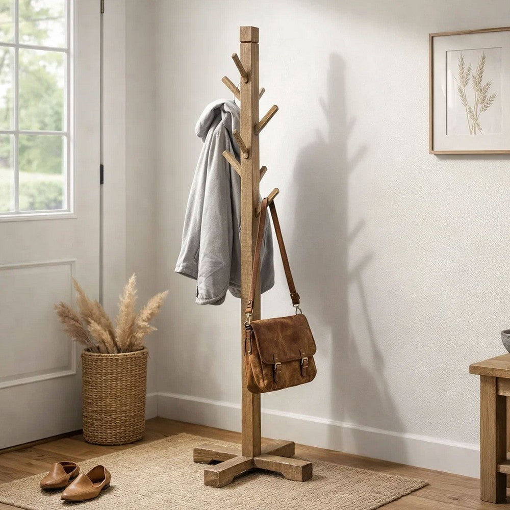 Rena Coat, Hat Rack Stand, 8 Wood Stems, 72" Light Brown Mahogany Wood
