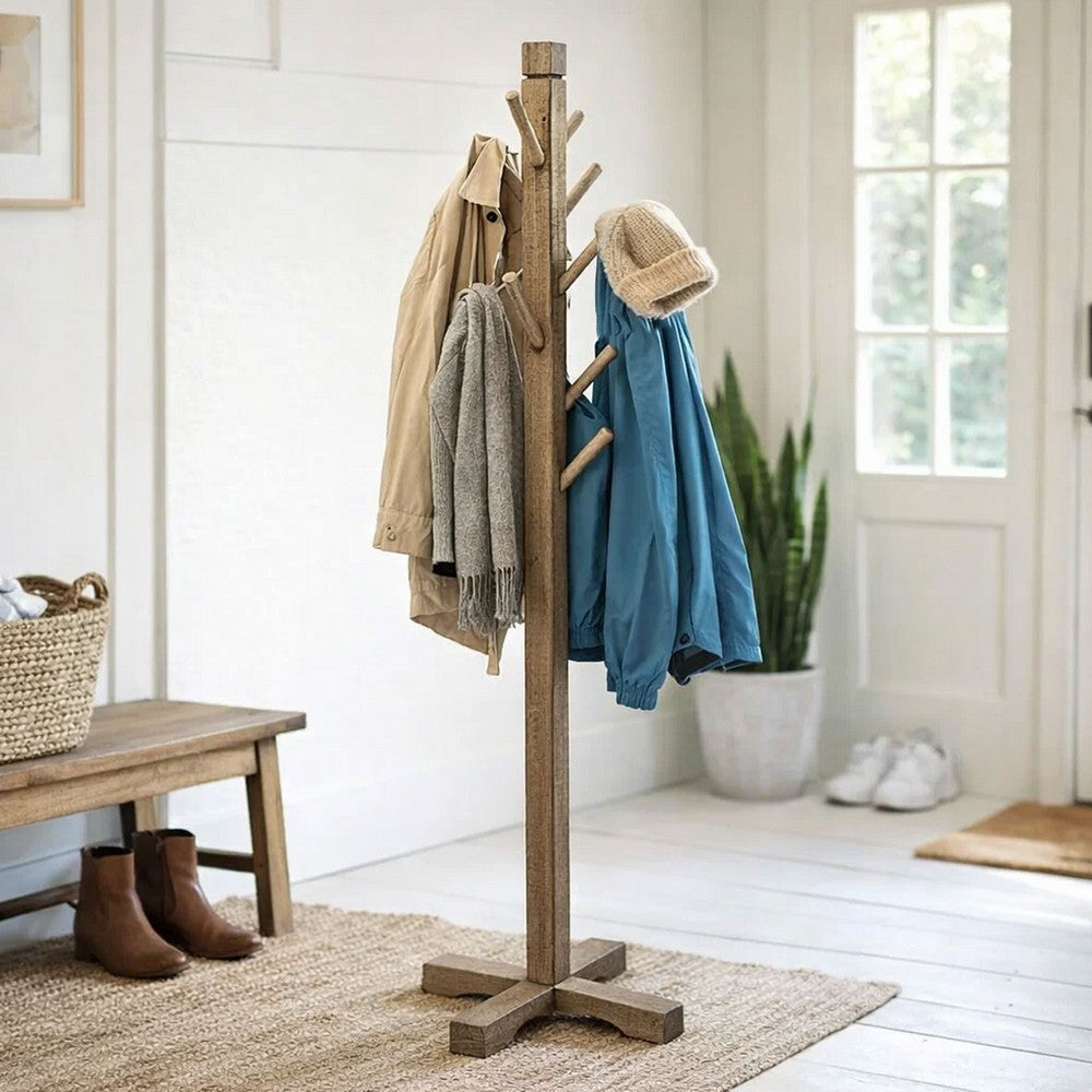 Rena Coat, Hat Rack Stand, 8 Wood Stems, 72" Light Brown Mahogany Wood