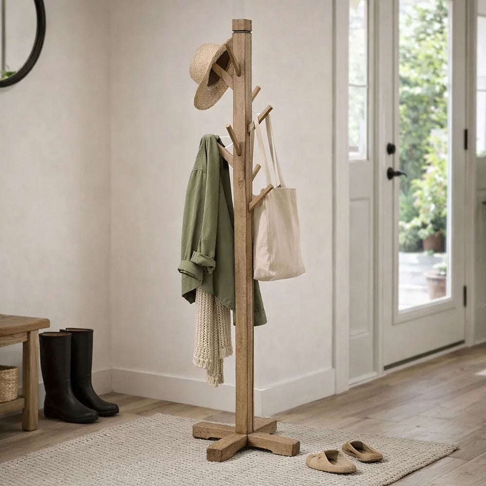 Rena Coat, Hat Rack Stand, 8 Wood Stems, 72" Light Brown Mahogany Wood
