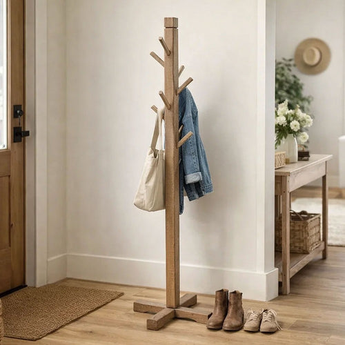 Rena Coat, Hat Rack Stand, 8 Wood Stems, 72" Light Brown Mahogany Wood