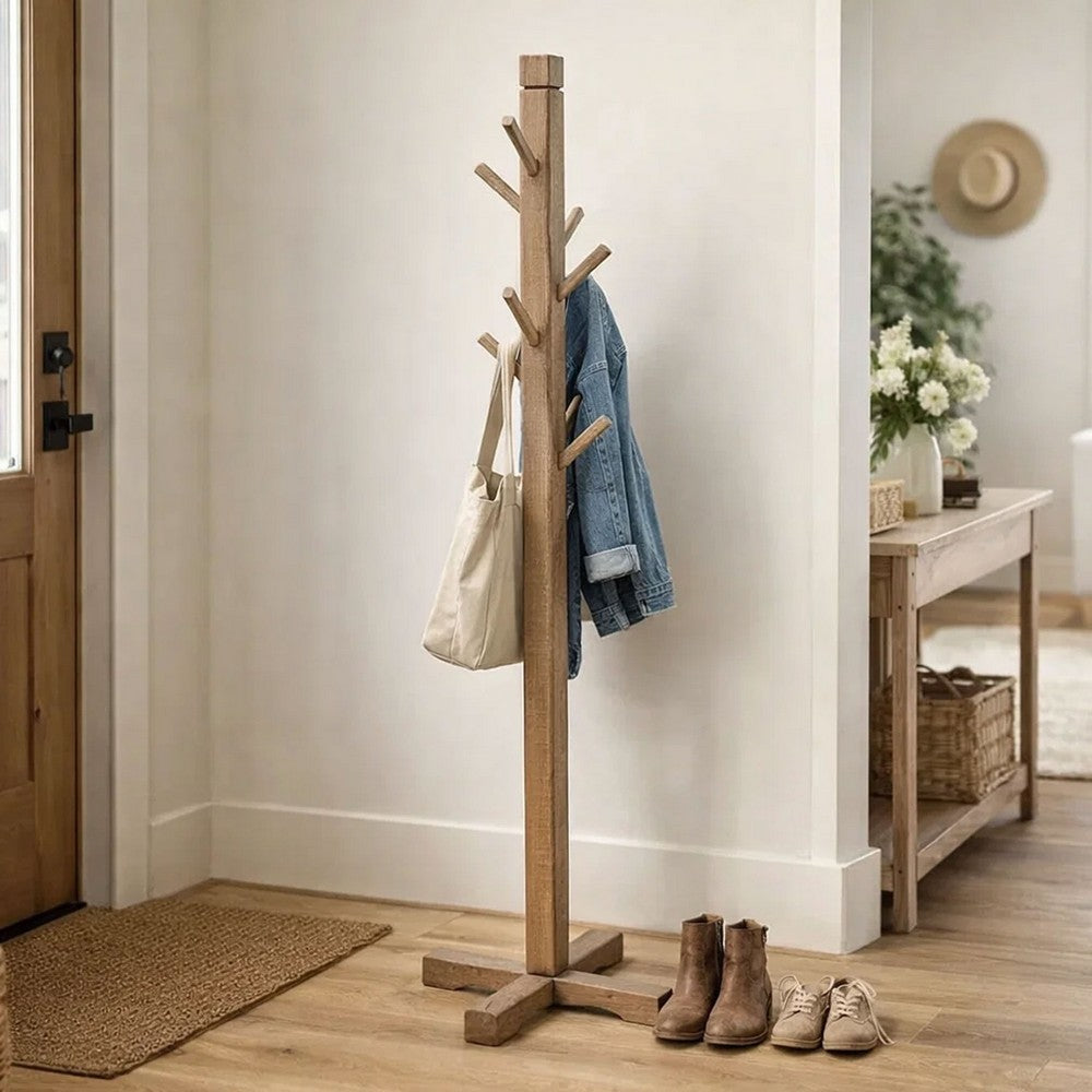 Rena Coat, Hat Rack Stand, 8 Wood Stems, 72" Light Brown Mahogany Wood