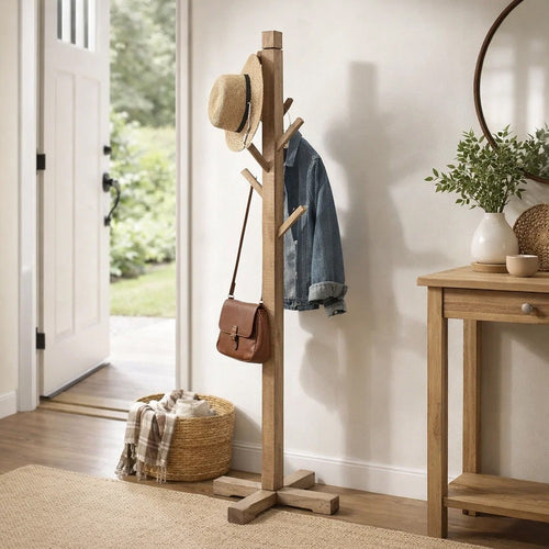 Rena Coat, Hat Rack Stand, 8 Wood Stems, 72" Light Brown Mahogany Wood