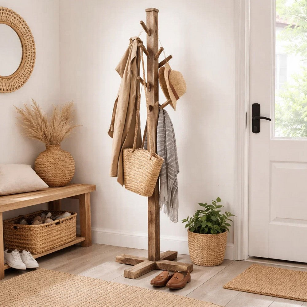 Rena Coat, Hat Rack Stand, 8 Wood Stems, 72" Light Brown Mahogany Wood