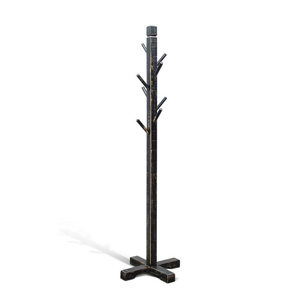 Rena Coat, Hat Rack Stand, 8 Wood Stems, 72" Rustic Black Mahogany