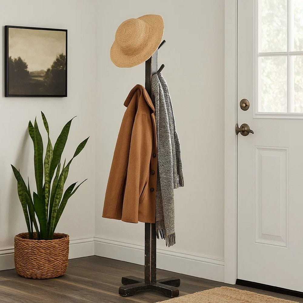 Rena Coat, Hat Rack Stand, 8 Wood Stems, 72" Rustic Black Mahogany