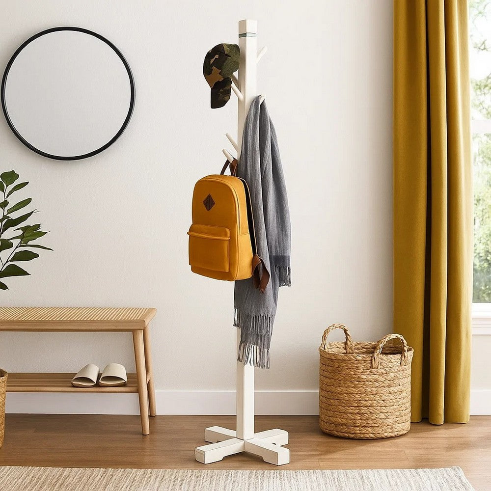Rena Coat, Hat Rack Stand, 8 Wood Stems, 72" Rustic White Mahogany