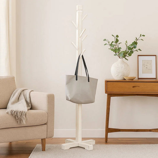 Rena Coat, Hat Rack Stand, 8 Wood Stems, 72" Rustic White Mahogany