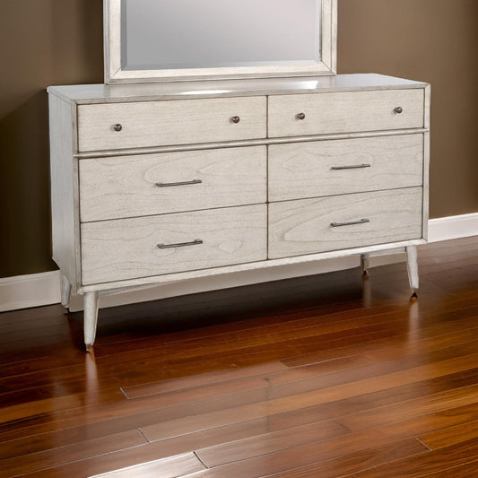 Amy Wide Dresser Chest with 6 Drawers, Angled Legs, Gray Mindi Wood