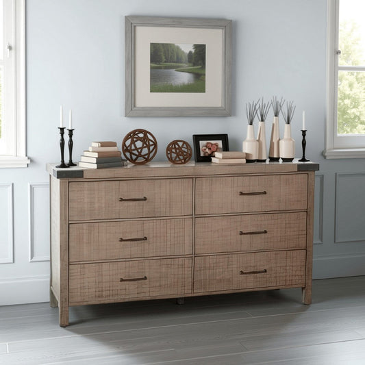 Desy Wide Dresser Chest with 6 Drawers, Light Brown Mahogany Wood