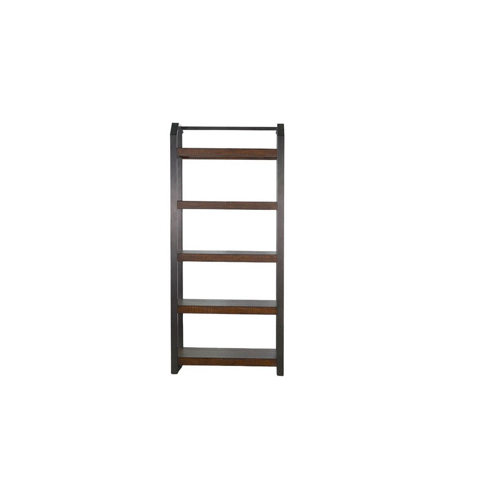 Flint Bookcase 5 Rustic Brown Mahogany Shelves Black Metal 72’’ BM325375