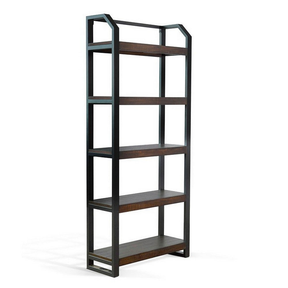 Flint Bookcase, 5 Rustic Brown Mahogany Shelves, Black Metal, 72"