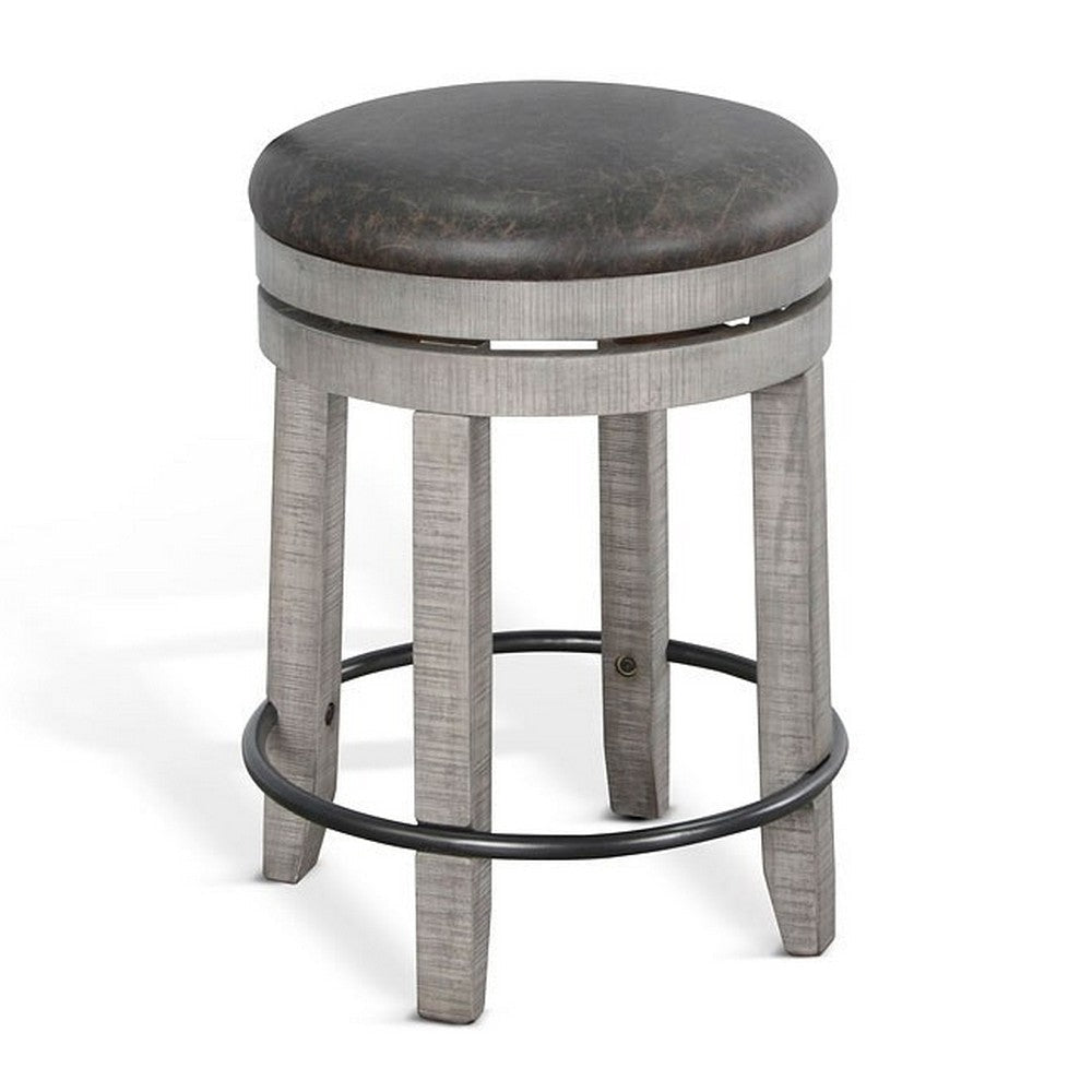 Zeka Swivel Counter Stool Set of 2, Rich Black Faux Leather, Gray Wood
