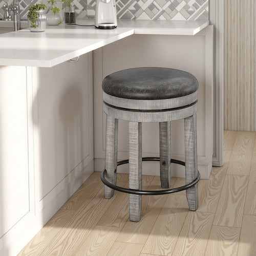 Zeka Swivel Counter Stool Set of 2, Rich Black Faux Leather, Gray Wood