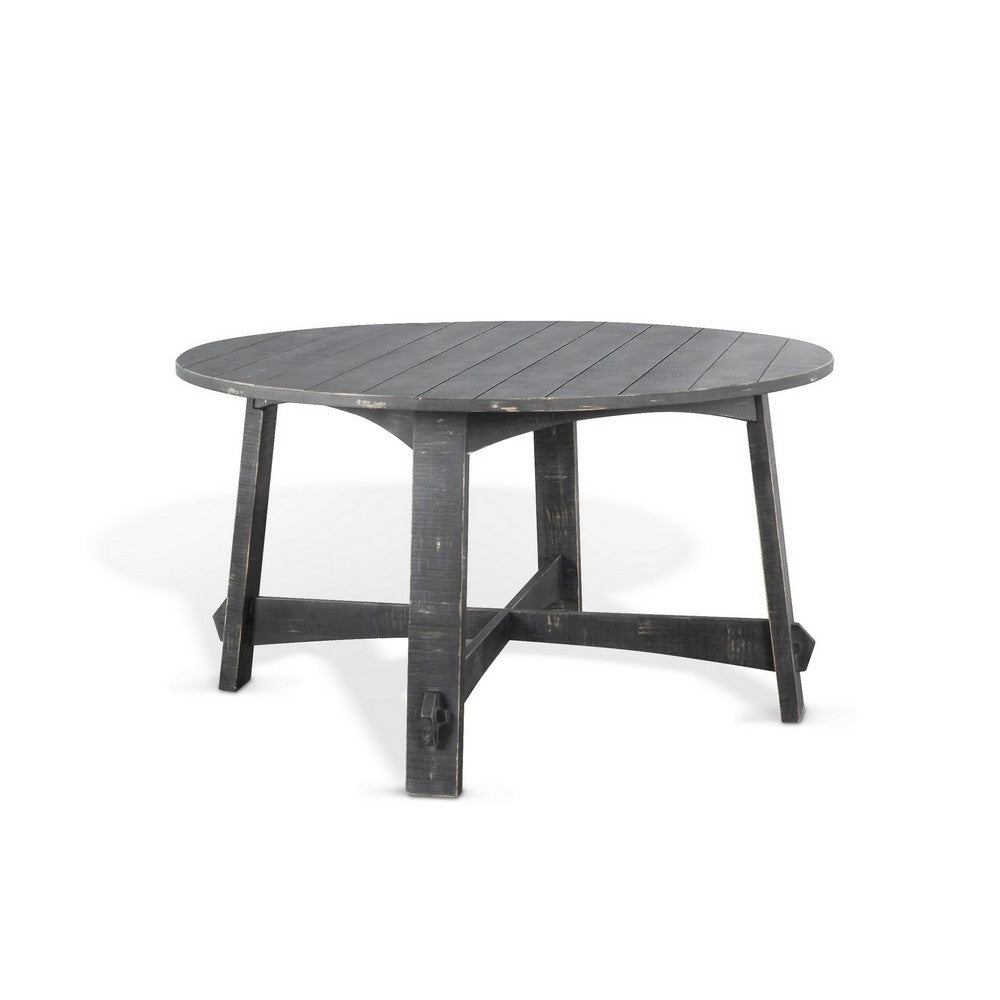 Rena Dining Table, 54" Rustic Round Planked Black Smoke Mahogany Wood