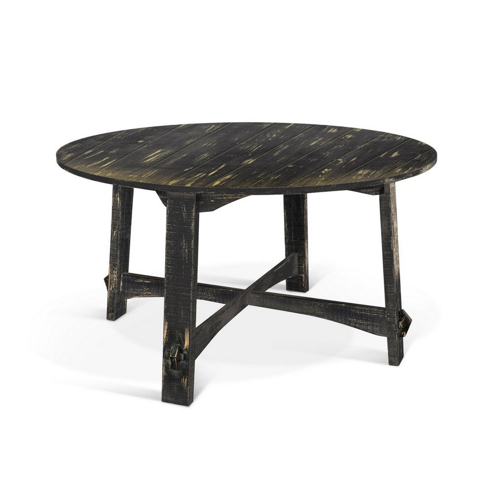 Rena Dining Table, 54" Rustic Round Planked Black Smoke Mahogany Wood