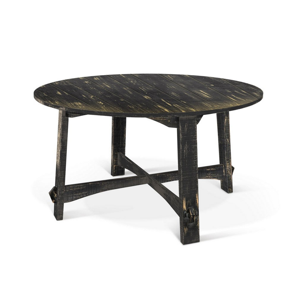 Rena Dining Table, 54" Rustic Round Planked Black Smoke Mahogany Wood